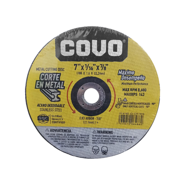 DISCO PARA CORTE METAL INOXIDABLE 7"X1/16X7/8  COVO REF CV-CW-1816
