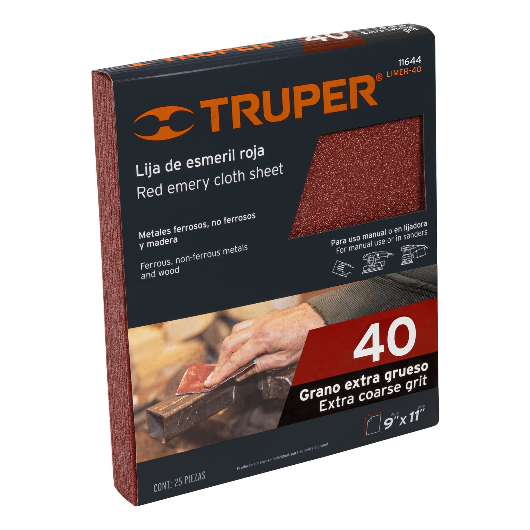LIJA DE ESMERIL ROJA, GRANO 40" TRUPER LIMER-40