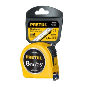 PRO-8ME FLEXÓMETRO, AMARILLO, 8M, CINTA 1″, PRETUL, TARJETA PLÁST