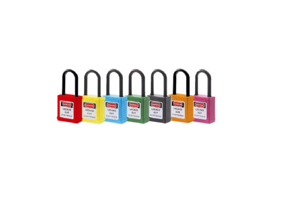 CANDADO PARA BLOQUEO CON GRILLETE DE NYLON AISLANTE 38 MM, ROJO BOUYAN