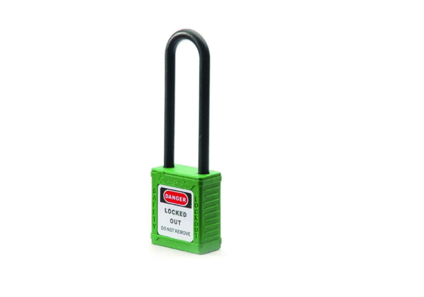 CANDADO PARA BLOQUEO CON GRILLETE DE NYLON AISLANTE 76 MM, VERDE BOUYAN
