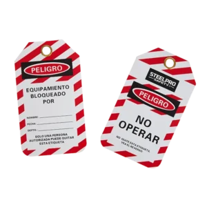 TARJETA PLÁSTICA BLOQUEO BILINGUE BRIDA(OJAL METÁLICO 75X146MM /PQ 10UND MARCA STEELPRO