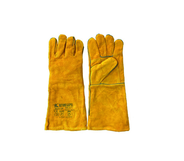 GOLD GUANTE EN CARNAZA SOLDADOR AMARILLO CON REFUERZO EN PALMA, HILO KEVLAR Y MATACHISPA. 16" BOUYAN
