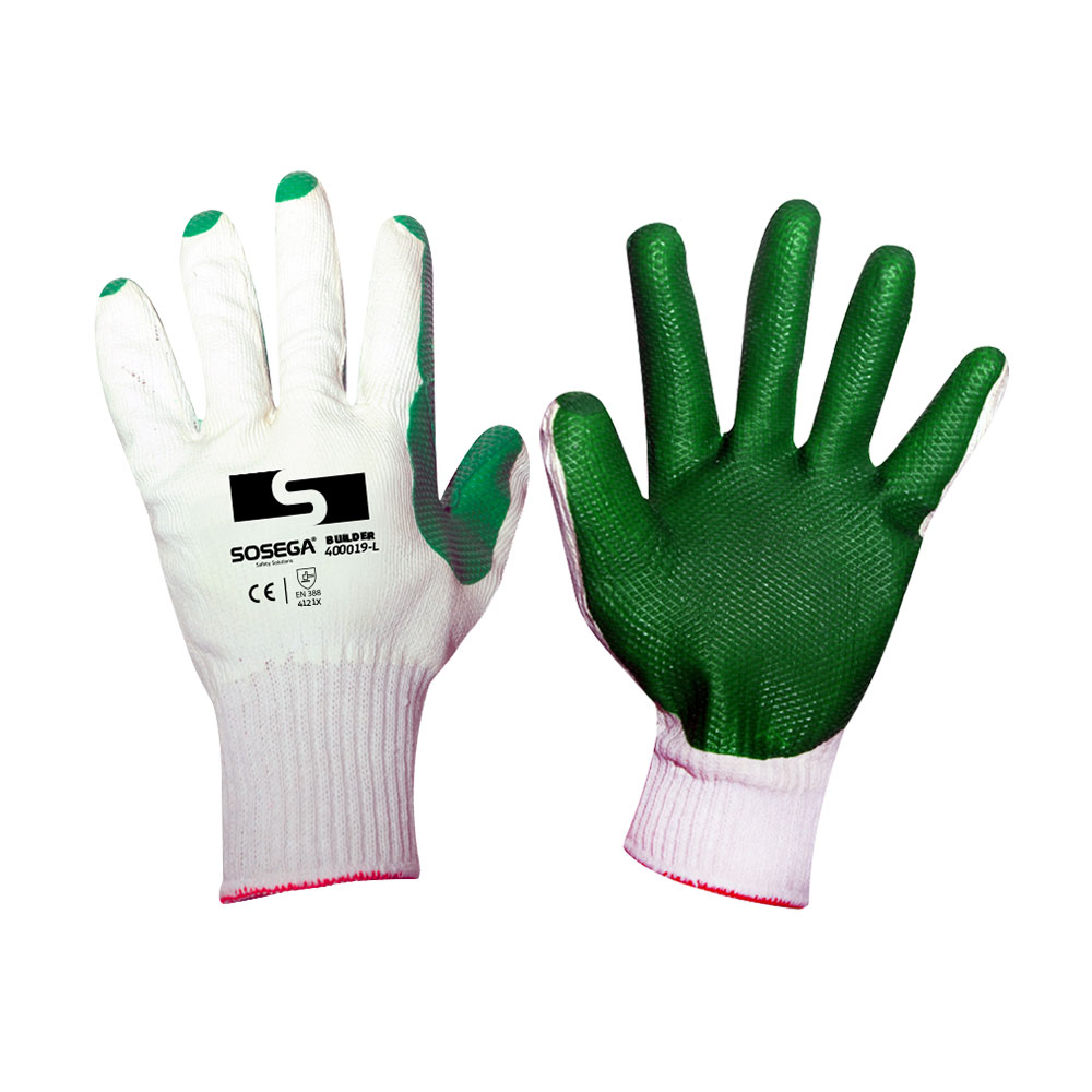 GUANTE BUILDER GLOVE 10G BLEACHED T/C SHELL, GREEN LAMINATED LATEX MARCA SOSEGA