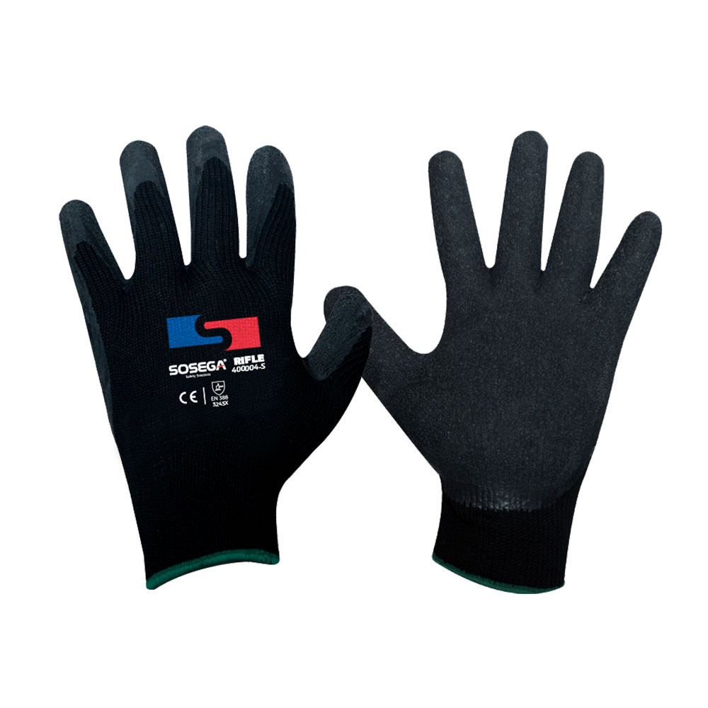 GUANTE RIFLE GLOVE 10G 5-THREAD POLYESTER BLACK SHELL, BLACK LATEX COATED, CRINKLE FINISH MARCA SOSEGA