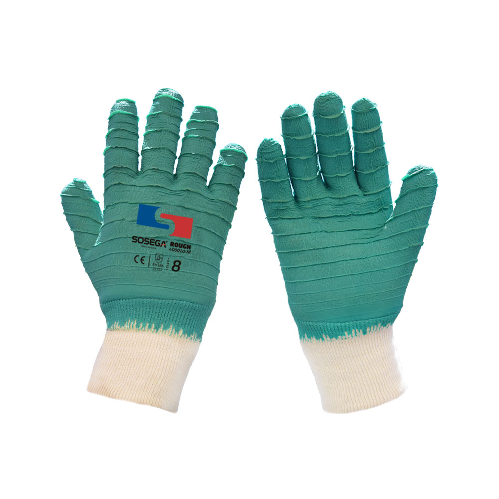 GUANTE ROUGH GLOVE JERSEY LINER, GREEN LATEX FULLY COATED, ROUGH CRINKLE FINISH, KNIT WRIST MARCA SOSEGA