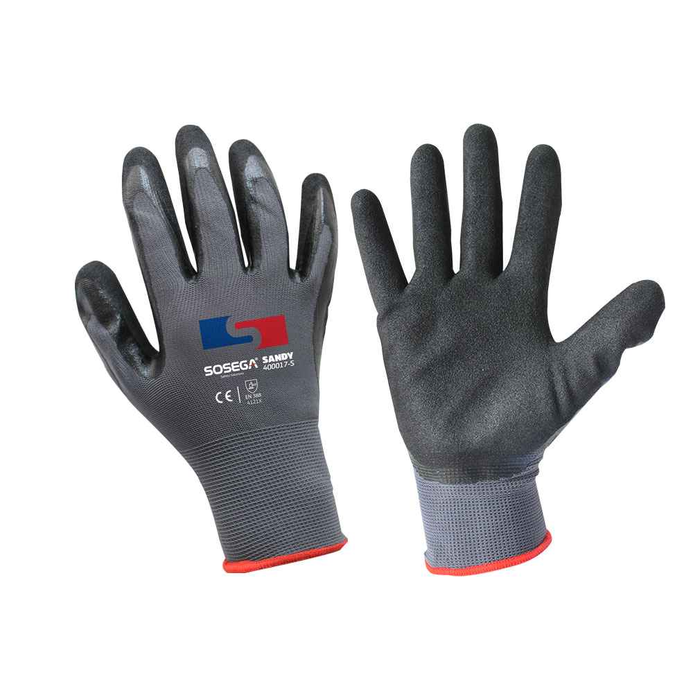 GUANTE SANDY GLOVE 13G GREY NYLON, BLACK NITRILE COATED, SANDY FINISH MARCA SOSEGA