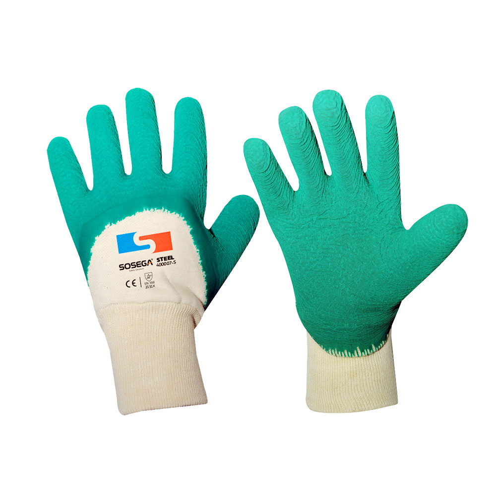 GUANTE STEEL GLOVE, KNIT WRIST,100% COTTON JERSEY LINER, GREEN LATEX COATED, ROUGH FINISH MARCA SOSEGA