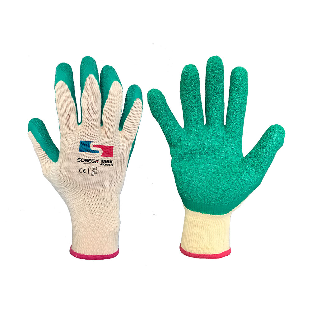 GUANTE TANK GLOVE 10G 5-THREAD POLYESTER YELLOW SHELL, GREEN LATEX COATED, CRINKLE FINISH MARCA SOSEGA