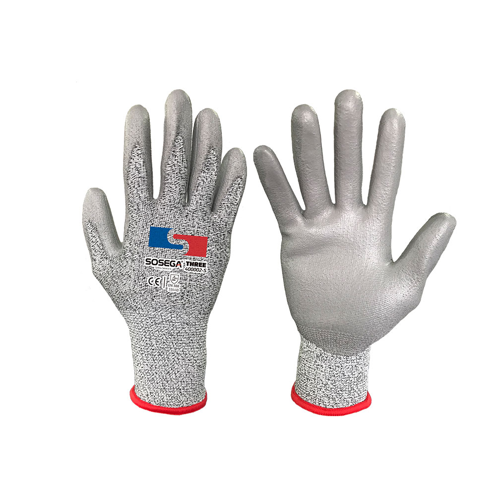 GUANTE THREE GLOVE 13G HPPE (CUT LEVEL 3) – PU COATED MARCA SOSEGA