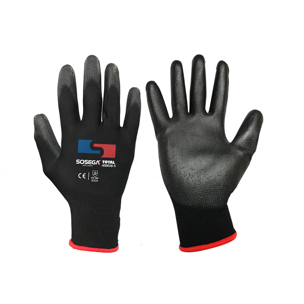 GUANTE GUANTE TOTAL GLOVE 13G BLACK POLYESTER SHELL, BLACK PU COATED MARCA SOSEGA