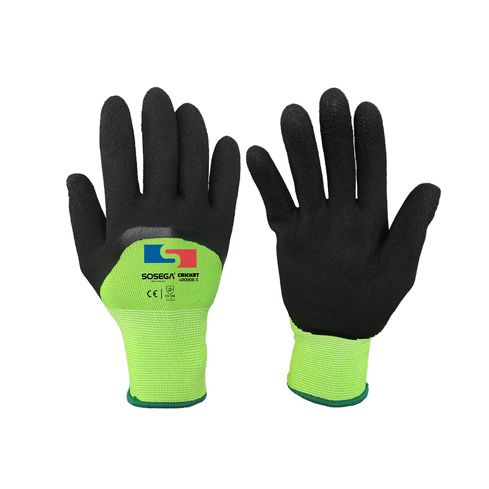 GUANTE CRICKET GLOVE 13G GREEN POLYESTER SHELL, BLACK LATEX COATED, FOAM FINISH, 3/4 COATED MARCA SOSEGA