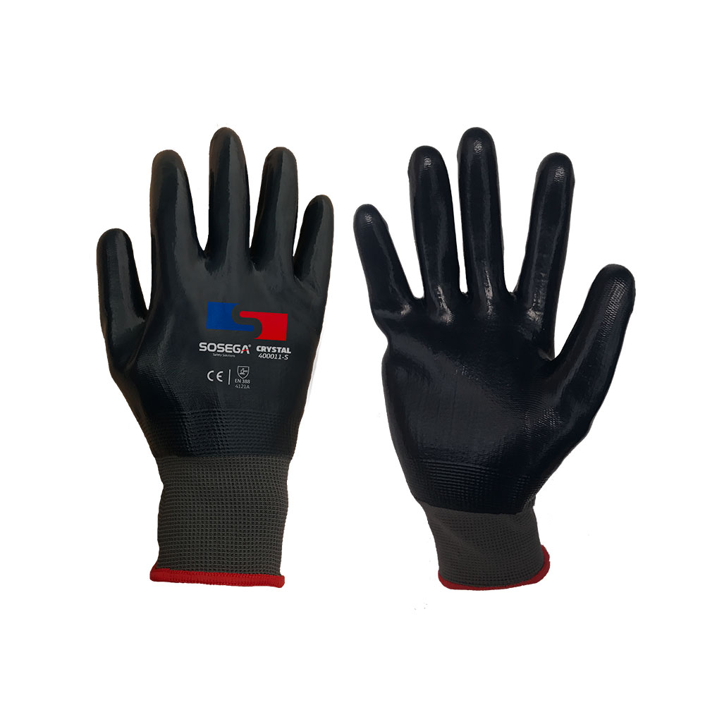 GUANTE CRYSTAL GLOVE 13G GREY POLYESTER LINER, DARK BLUE NITRILE FULLY COATED. MARCA SOSEGA