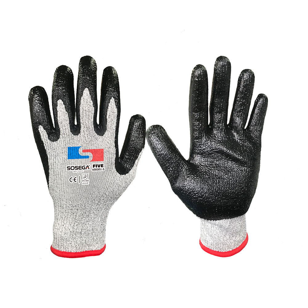 GUANTE FIVE GLOVE 10G (CUT LEVEL 5) GREY HPPE SHELL, BLACK NITRILE COATED, SMOOTH FINISH MARCA SOSEGA