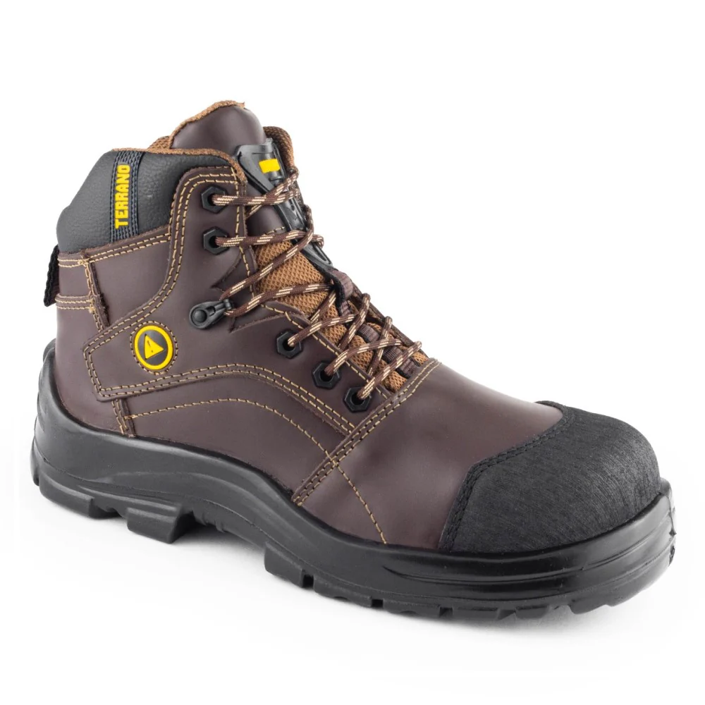 BOTAS DE SEGURIDAD TERRANO DIELECTRICA ELITE SEG. INYECCIÓN CAFÉ MADERA / CUERO NOBUCK - REFLECTIVO PLANTILLA EN POLIURETANO FORRADA TALLA 35 A 46 MARCA TERRANO