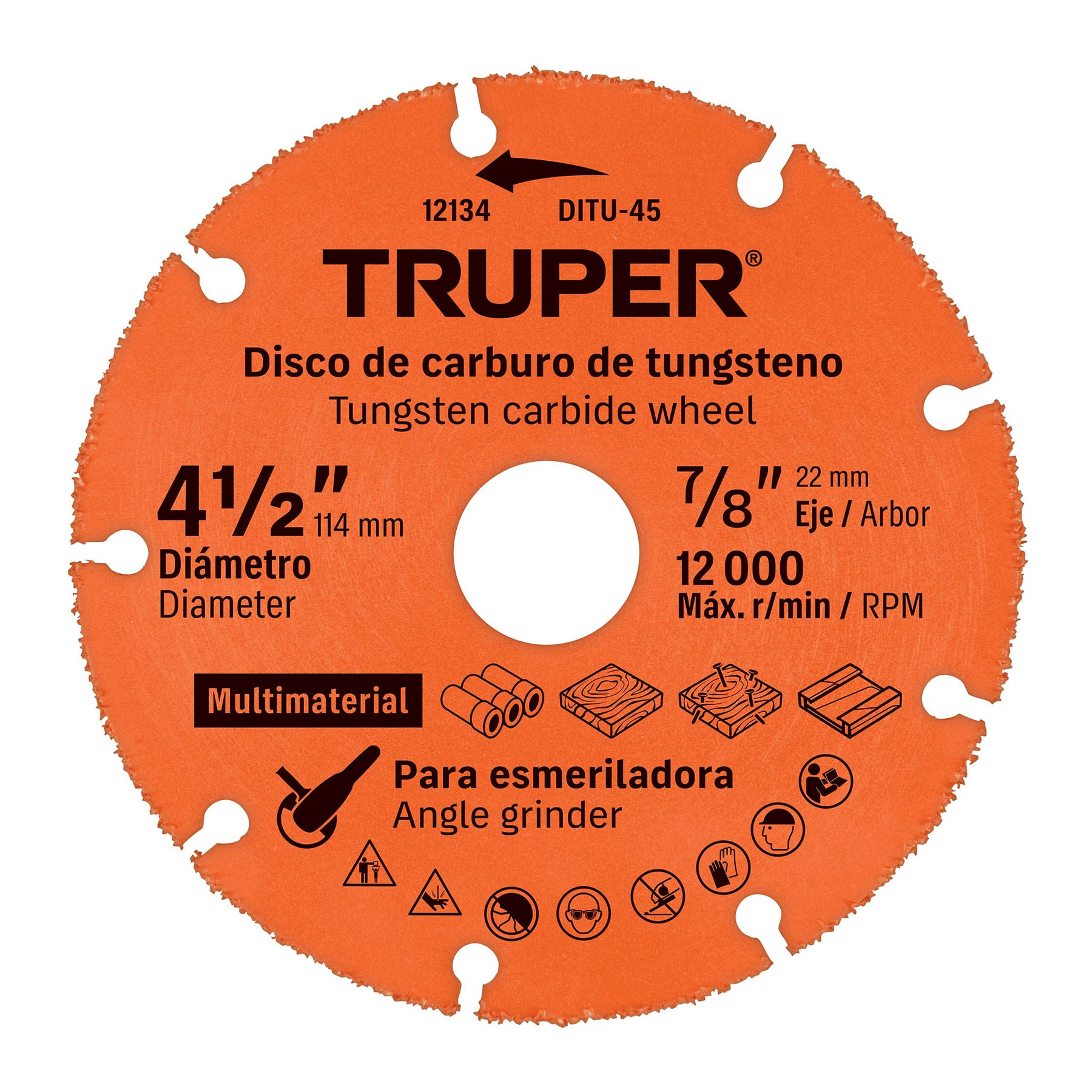 DISCO MULTIMATERIAL 4-1/2" DE CARBURO DE TUNGSTENO, TRUPER TRUPER REFERENCIA DITU-45 CODIGO: 12134