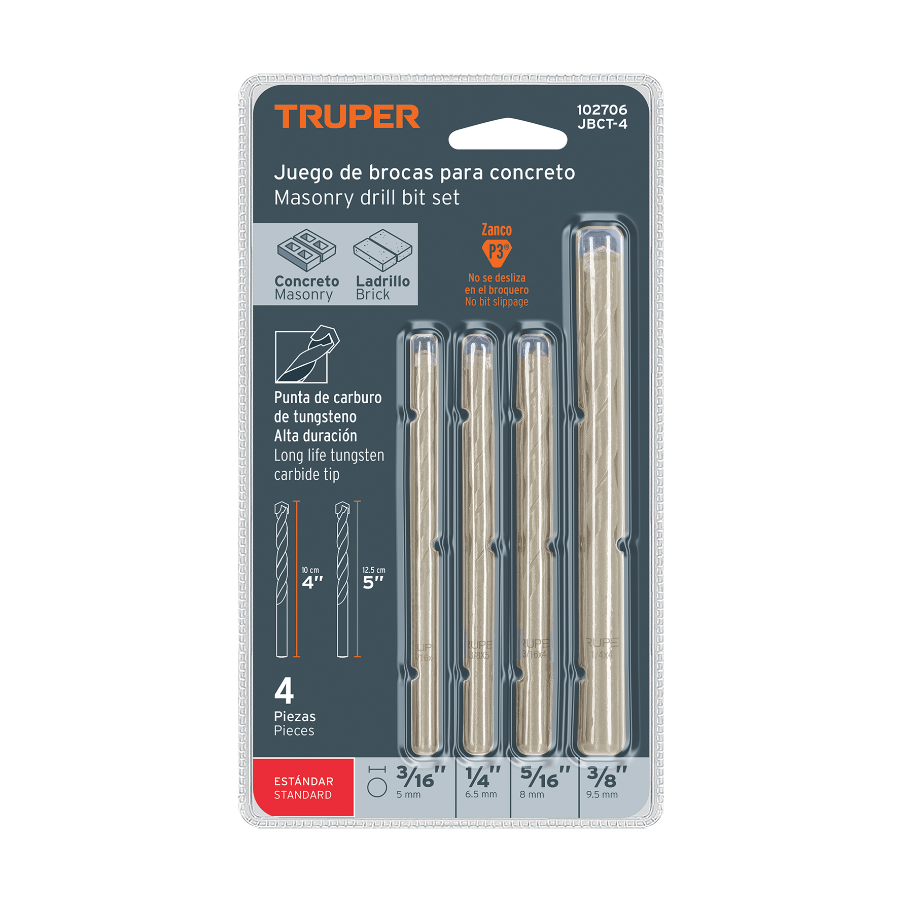JUEGO DE 4 BROCAS PARA CONCRETO, TRUPER TRUPER REFERENCIA JBCT-4 CODIGO: 102706
