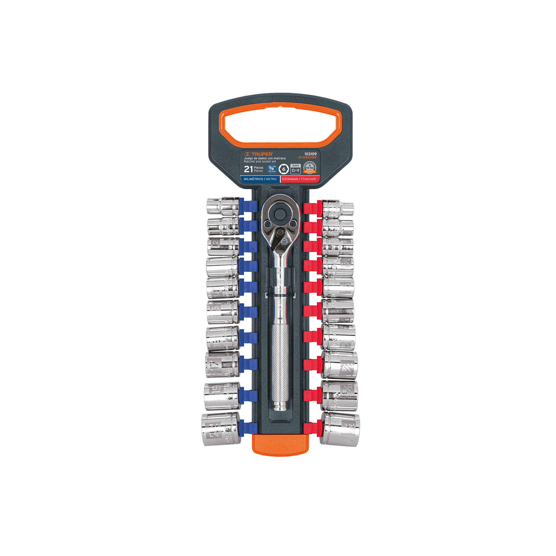 JUEGO DE COPAS MM Y STD CON RATCHET, MANDO 3/8", TRUPER TRUPER REFERENCIA JD-3/8X21MP CODIGO: 103109
