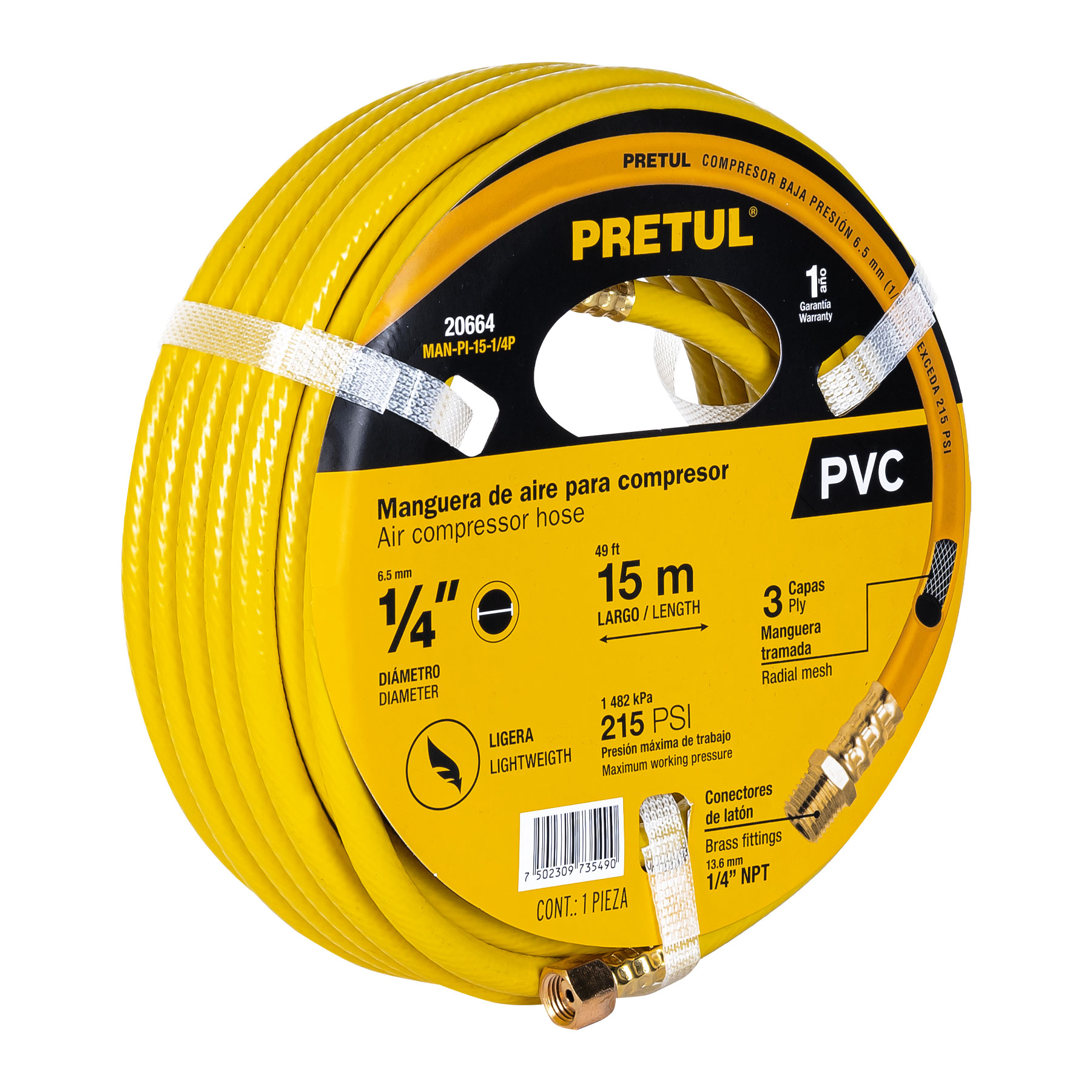 MANGUERA PARA COMPRESOR, DE PVC, 15M X 1/4", PRETUL PRETUL REFERENCIA MAN-PI-15-1/4P CODIGO: 20664